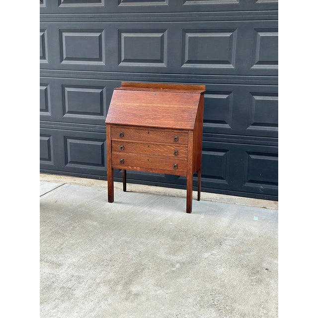 1910s Antique Early 20th Century Quarter Sawn Oak Drop Front Secretary With Drawers - Solid Wood Accent Chest With Ring Pulls For Sale - Image 5 of 17
