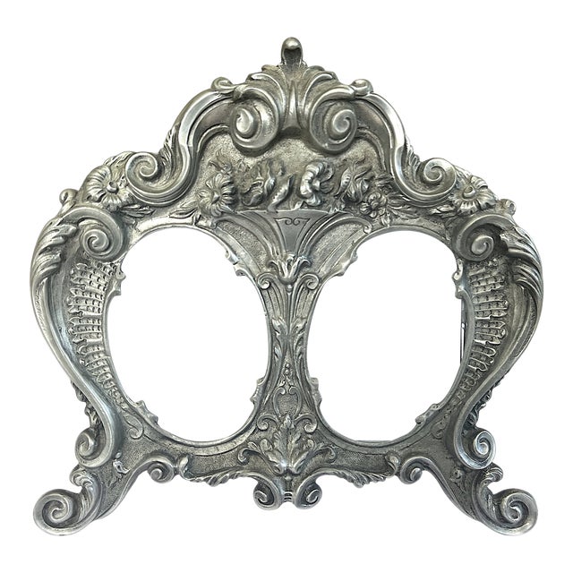 Vintage Ornate Rococo Style Portuguese Pewter Double Picture Frame by F. Stannhos For Sale