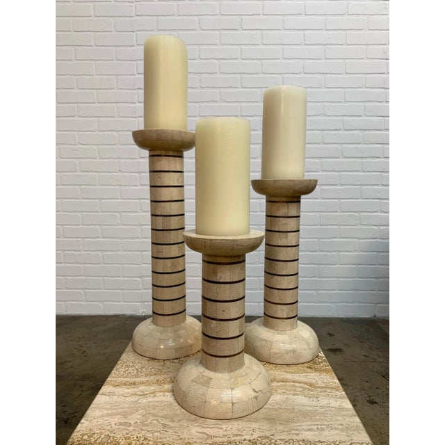 Modern Tessellated Stone and Brass Candlesticks - Set of 3 For Sale - Image 3 of 13