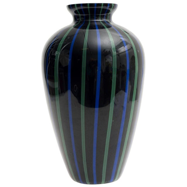 1970s Murano Glass Vase in Black with Green and Blue Lines, Italy, 1970s For Sale - Image 5 of 5