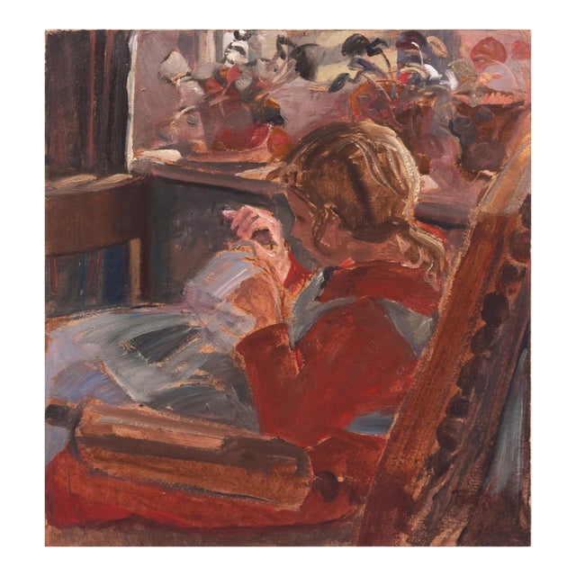 'Young Girl Sewing' by Ludvig Find, Circa 1900, Paris, Universal Exposition, Danish Oil, Pont Aven, Brittany For Sale