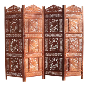 Late 20th Century Anglo-Indian Peacock Carved Teak 4-Panel Screen