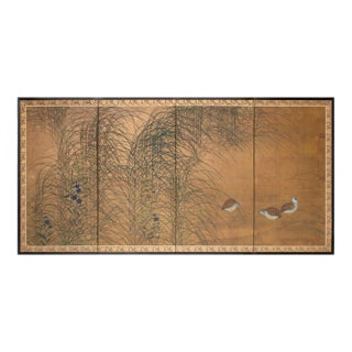 "Quails and Pampas Grass" by Koga, 1970s Showa Era Japanese Byobu Screen For Sale