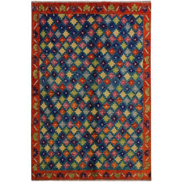 1990s Shabby Chic Balouchi Teal/Orange Wool Rug - 4'10 X 6'11 For Sale