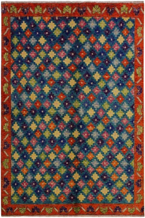 1990s Shabby Chic Balouchi Teal/Orange Wool Rug - 4'10 X 6'11