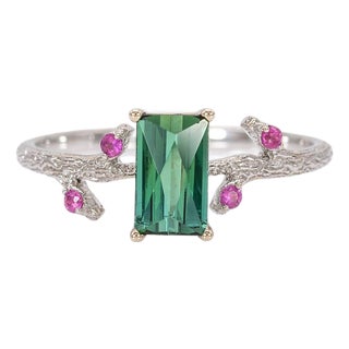 1.1Ct Indicolite Tourmaline Ring With Pink Sapphire Accents: Solid 14k Gold, Size 6.75 For Sale