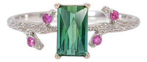 1.1Ct Indicolite Tourmaline Ring With Pink Sapphire Accents: Solid 14k Gold, Size 6.75