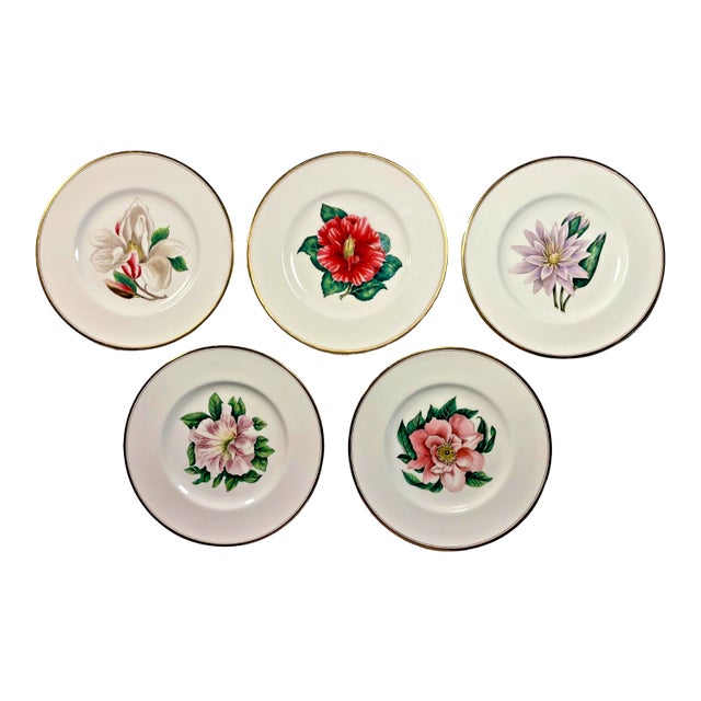 Circa 1940s Royal Worcester Bone China Hand Colored Dinner Plates- Set of 5 For Sale