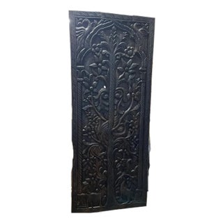 Vintage Black Carved Tree of Life & Deer Wood Barn Door – Botanical Statement Panel 84x36 For Sale