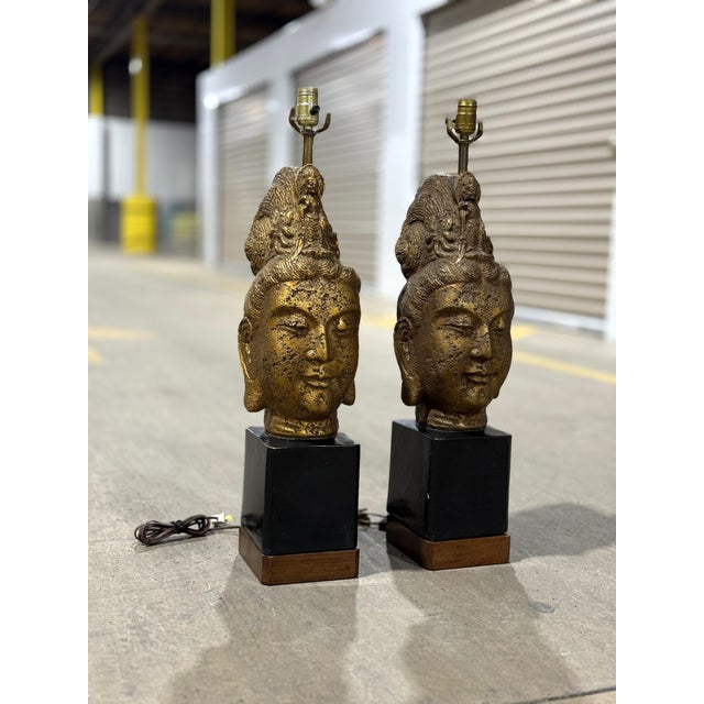 Hollywood Regency 1960s James Mont Style Buddha Head Lamps - a Pair For Sale - Image 3 of 18