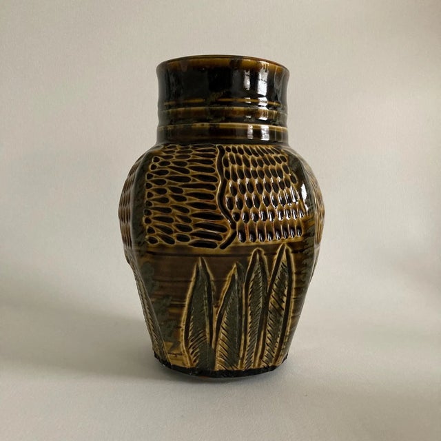 Green Artist Signed Handmade Art Studio Pottery Vase - Incised Textured Design, Fine Art Ceramics, Handmade Pottery For Sale - Image 8 of 17