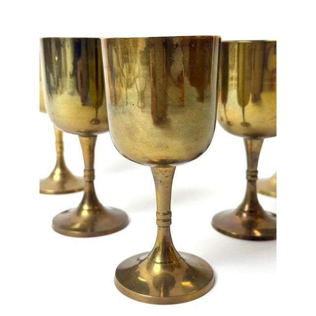 Vintage Brass Wine Goblets with Worn Silvered Interiors, 1960s, Set of 5 For Sale - Image 4 of 13