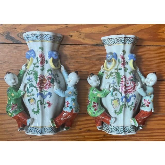 19th Century Chinese Export Porcelain Famille Rose Wall Pocket Vases - a Pair For Sale - Image 11 of 11