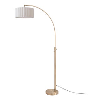 Float Scallop Chairside Arc Lamp - Weathered Brass Steel, 16" Scalloped White Linen Drum Shade, Steel Base, Dimmable, 75" Tall 68" Reach For Sale