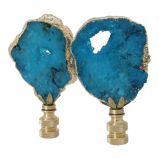 Turquoise Geode Table Lamp Finials With 14kt Gold, Pair For Sale