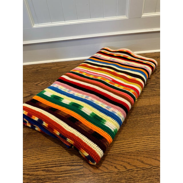 Mid 20th Century Hand Crocheted Large Rainbow Afghan Blanket For Sale - Image 4 of 11