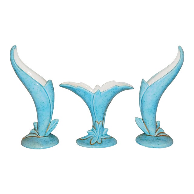 Early 20th Century Vintage Turquoise Ceramic Garniture Set- 3 Pieces For Sale