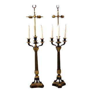 Pair of French Empire Revival Candelabra Lamps Bronze For Sale