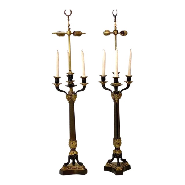 Pair of French Empire Revival Candelabra Lamps Bronze For Sale