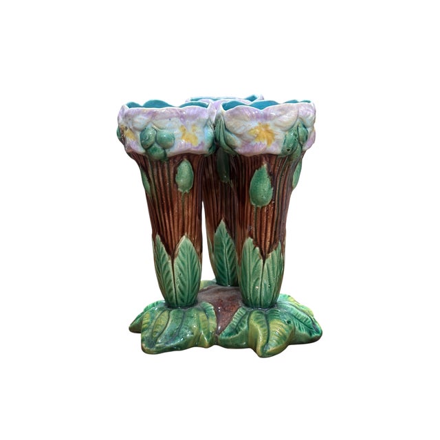 Rare Antique Majolica Pottery Triple Flower Vase.