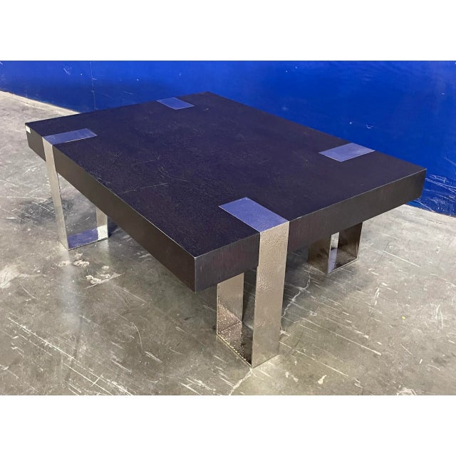 Dark Rift Oak Finish on Rift Oak with Hammered Brass Legs Plated in Nickel. From the Madeline Stuart Collection.