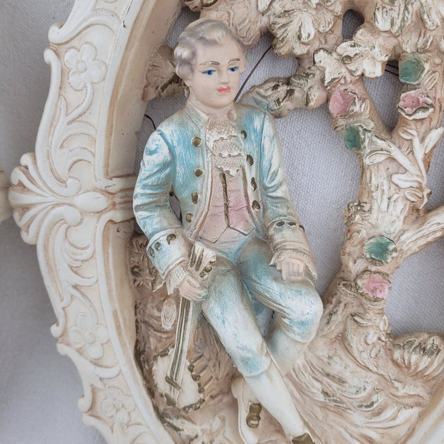Vintage 1962 Jayess United Chicago Chalkware Wall Plaques Rococo Couple Set of 2 For Sale - Image 4 of 15