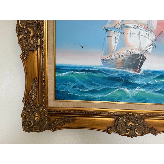 Gold Original Marine Oil Painting Tall Ship on Open Sea Nautical Seascape Gold Frame For Sale - Image 8 of 11