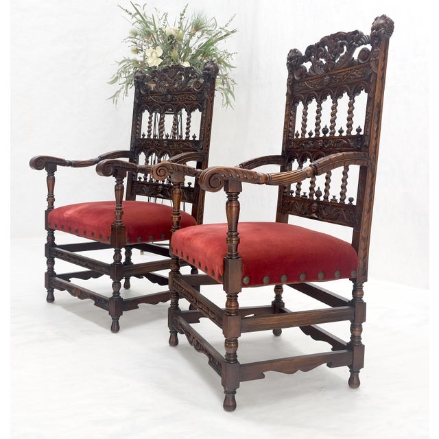 Fine Carved North Winds Faces Heavy Oak Arm Chairs Twisted Spindles c1900s MINT For Sale - Image 16 of 18