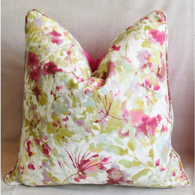 Early 21st Century Pink & Green Abstract Floral & Silk Velvet Feather/Down Pillow 22" Square For Sale - Image 5 of 6