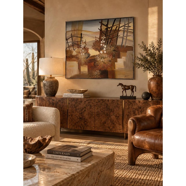 Striking large-scale 1970s oil on canvas painting signed C. Frederick, depicting a stylized desert landscape with abstract...
