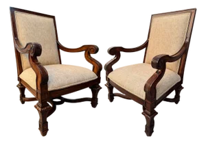 Vintage Hand-Carved Mahogany Upholstered Arm Chairs With Rolled Arms - A Pair
