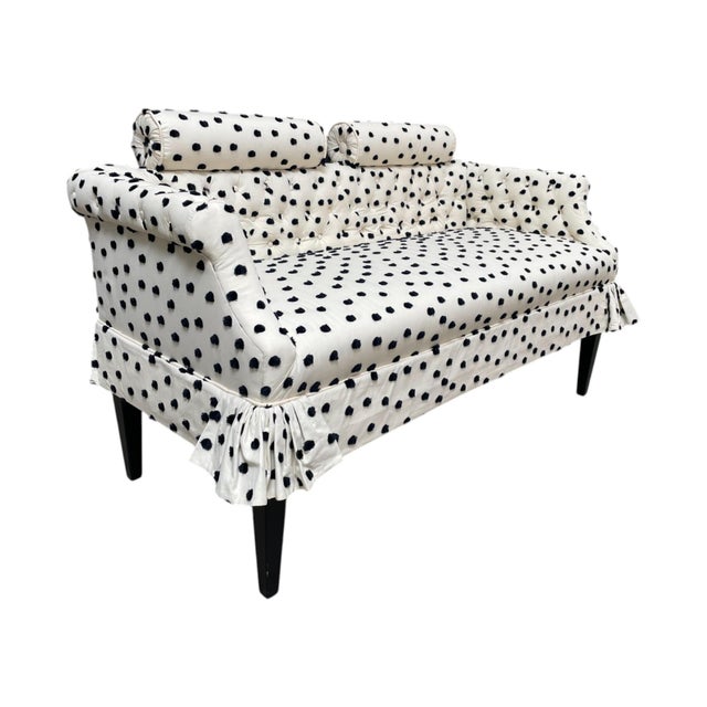 -Upholstered in raised black & white polka dot fabric -Unique fixed bolster pillow headrests -Tufted and skirted -Simple...