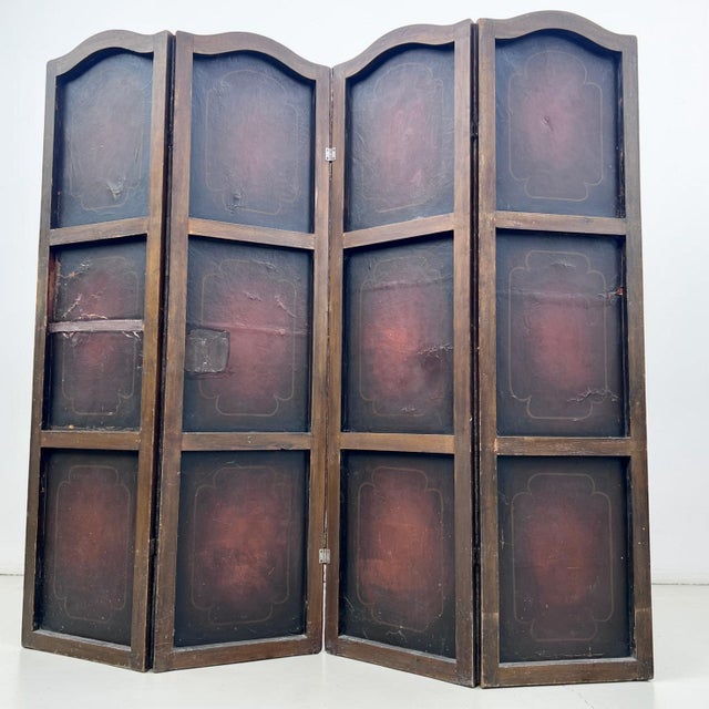 Antique French Hand-Painted Leather 4-Fold Room Divider Screen, 1890s For Sale - Image 4 of 10