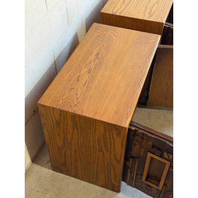 Lane Brutalist Oak Nightstands Set of 2 Wooden Bedroom Storage End Tables 1970s For Sale - Image 10 of 11