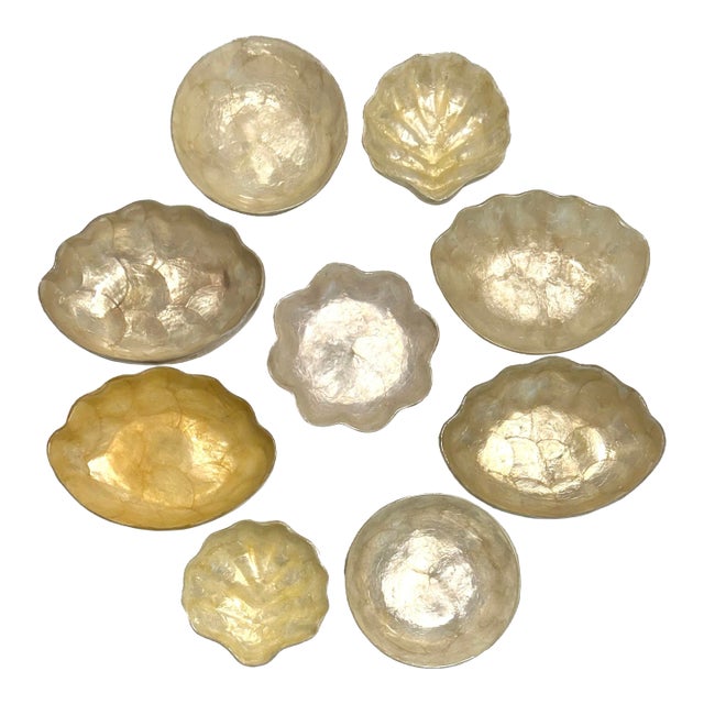 MCM Gumps Capiz Bowls and Scalloped Shell Dishes Catchalls and Trays - A 9 Piece Set For Sale