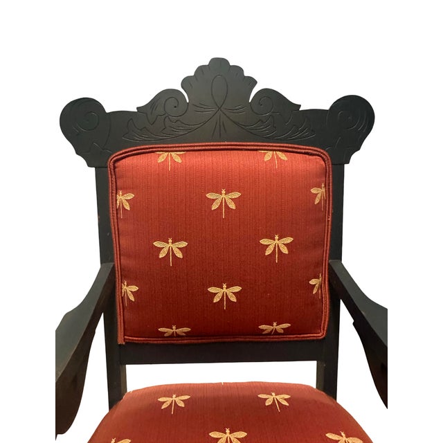 Vintage-Style Carved Wood Glider Rocker With Dragonfly Upholstery For Sale - Image 10 of 11