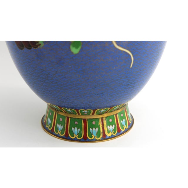 Asian Antique VTG Chinese Cloisonne Vase Cobalt Blue Bird Peony Floral Chinoiserie, 10.25” T For Sale - Image 3 of 10