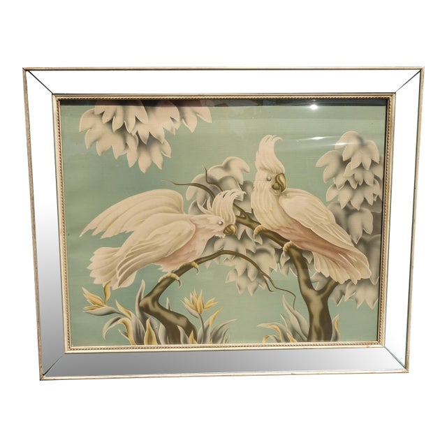 Vintage Mid Century Cockatoos Lithograph Picture Print by Turner in Mirror Frame For Sale