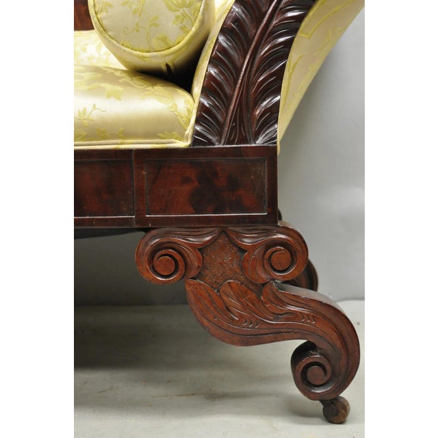 Gold Antique American Empire Neoclassical Carved Mahogany Sofa With Gold Fabric For Sale - Image 8 of 18