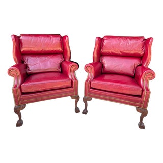 Set of Hancock and Moore Red Leather Wingback Nailhead Chairs For Sale