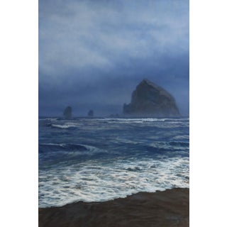 Misty Shores by Rob Alexander | Oil on wood panel of a misty seascape with rocky formations For Sale