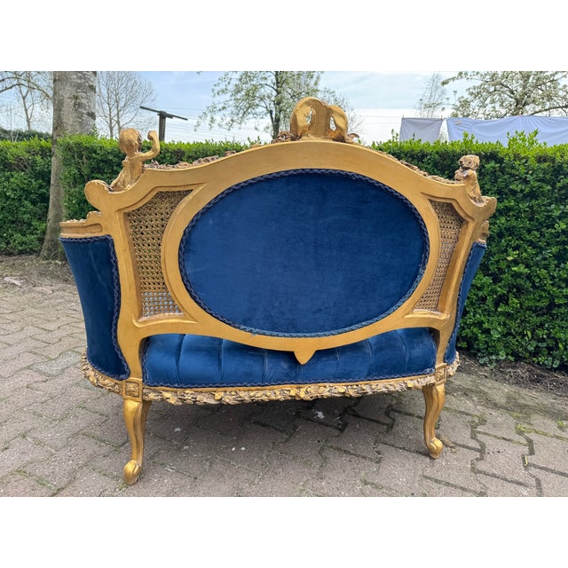 Wood 1940 French Louis XVI Gold Beech Blue Velvet Settee For Sale - Image 7 of 18