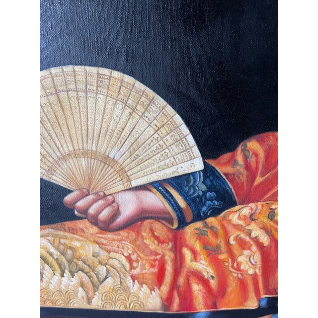 Black Late 20th Century Portrait Oil Painting of a Reclining Asian Woman with Fan For Sale - Image 8 of 11