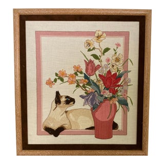 Vintage Embroidered Framed Picture Siamese Cat With Still Life For Sale