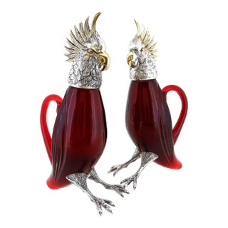 Pair Cartier Sterling Silver & Ruby Red Cut Glass Oil & Vinegar Cruet Decanters For Sale