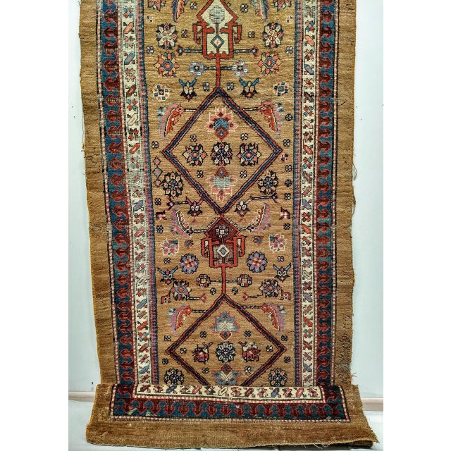 Persian Antique Serab Camel Hair Runner Rug, Hand-Knotted Wool, Geometric Pattern, Red & Green, 4x14 For Sale - Image 3 of 10