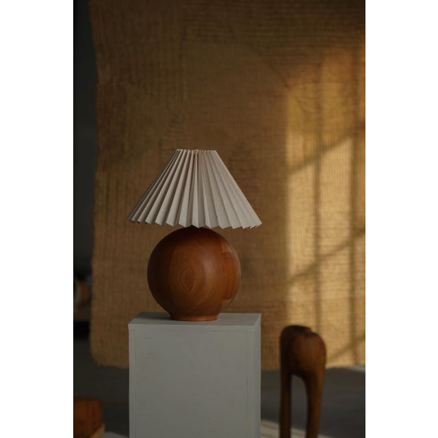 Brown Vintage Danish Round Wooden Table Lamp, 1970s For Sale - Image 8 of 17