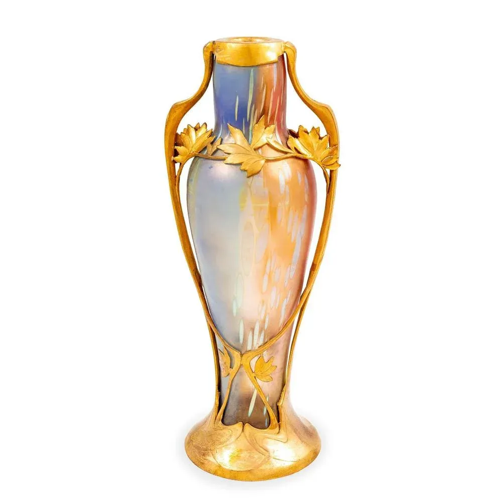 Art Nouveau Austrian Glass Vase with Tricolore Decoration and
