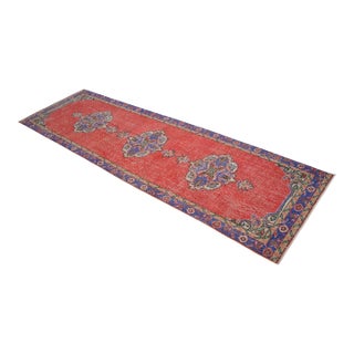 Traditional Ottoman Design Distressed Oushak Runner Rug Faded Colors Low Pile - 3'3″ X 12' For Sale
