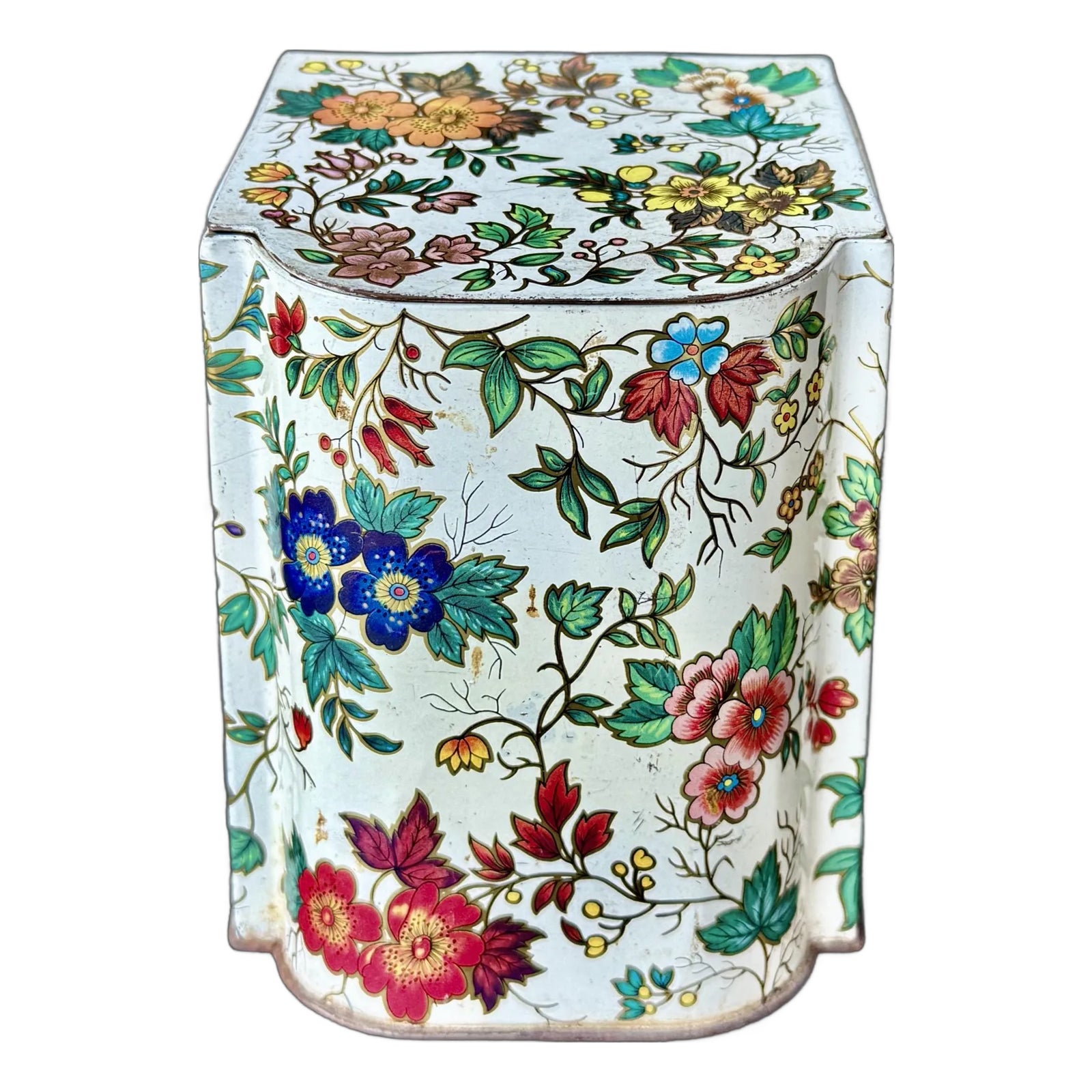 Vintage Daher Floral Tin, Hinged Lid, Blue & Orange Flower Design